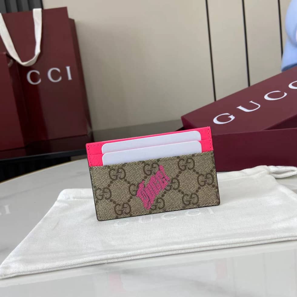 Gucci GG Small Brown Pink Card Case 835322_10_161517 Gucci GG Small Brown Pink Card Case 835322