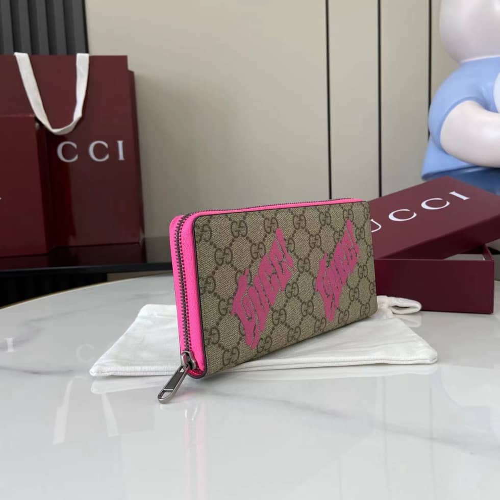 Gucci GG Brown Pink Mens Zip Wallet 835324_2_161537 Gucci GG Brown Pink Mens Zip Wallet 835324