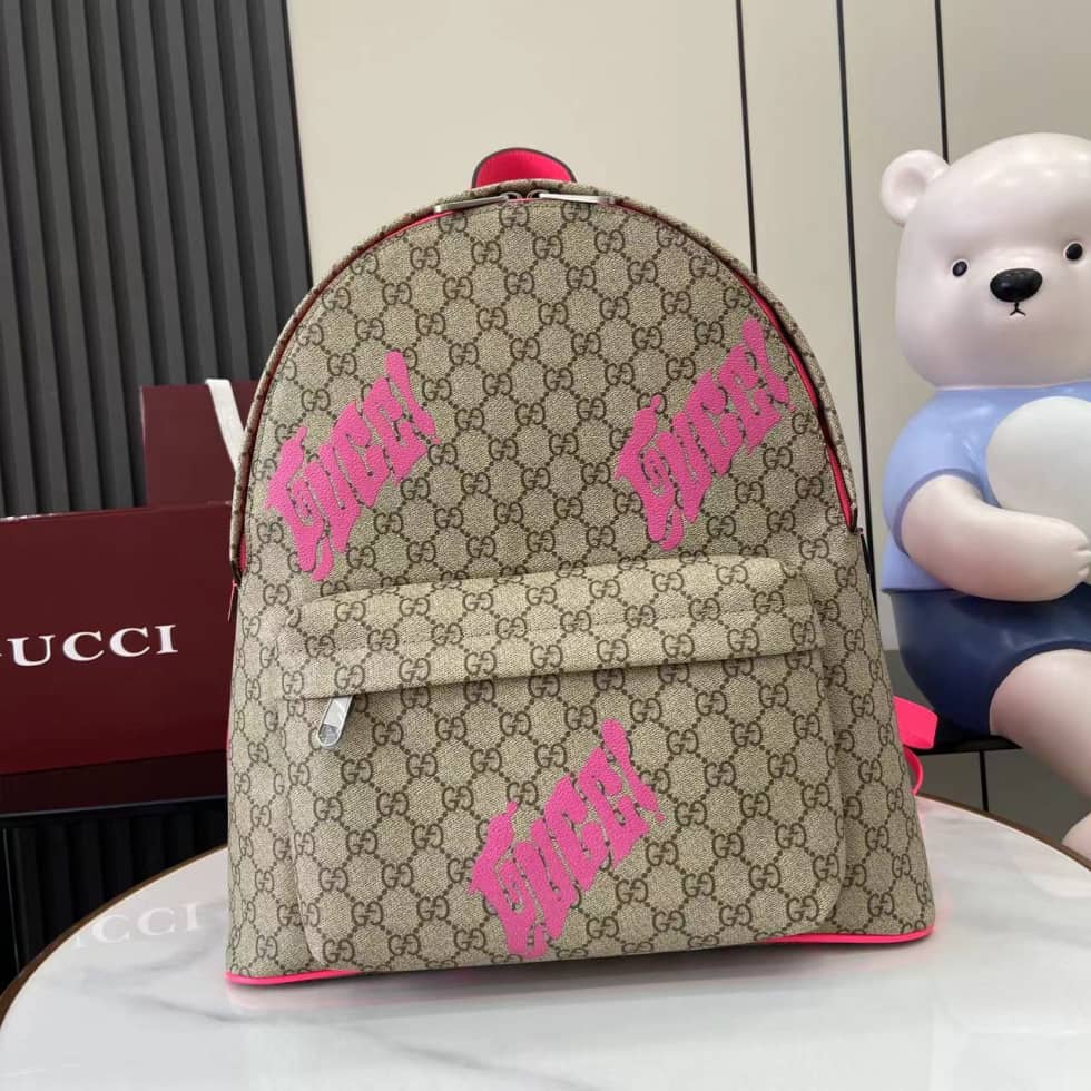 Gucci GG Canvas Beige Brown Pink Backpack 834466_10_161607 Gucci GG Canvas Beige Brown Pink Backpack 834466