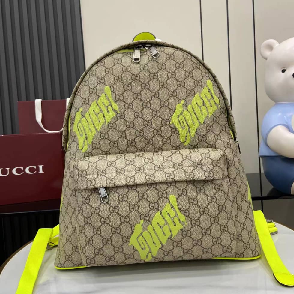 Gucci Mens GG Beige Brown Green Backpack 834466_10_161617 Gucci Mens GG Beige Brown Green Backpack 834466