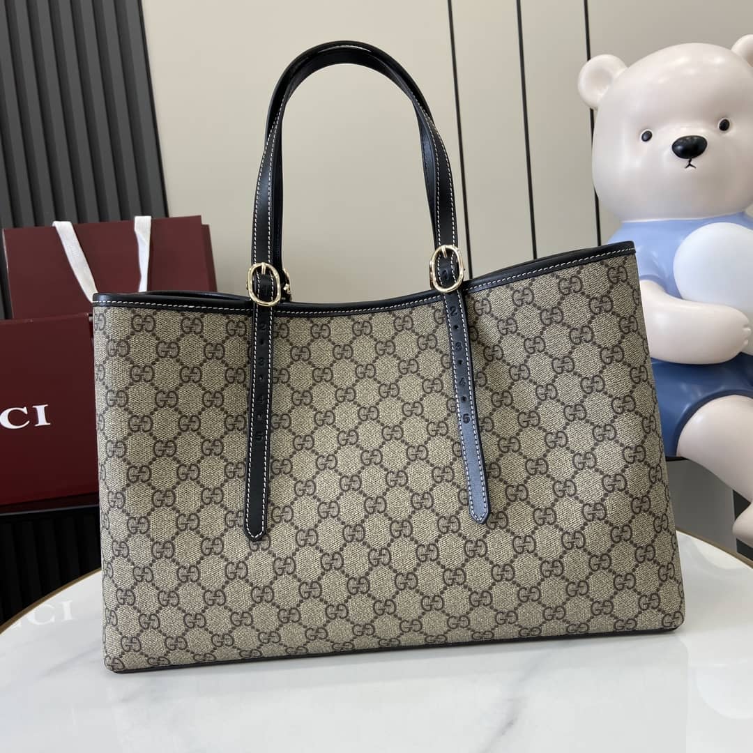 Gucci GG Emblem Beige Black Large Tote Bag_2_161787 Gucci GG Emblem Beige Black Large Tote Bag