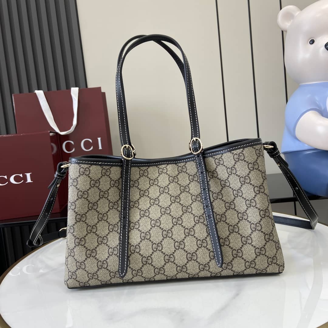 Gucci GG Emblem Beige Black Medium Tote Bag_1_161797 Gucci GG Emblem Beige Black Medium Tote Bag