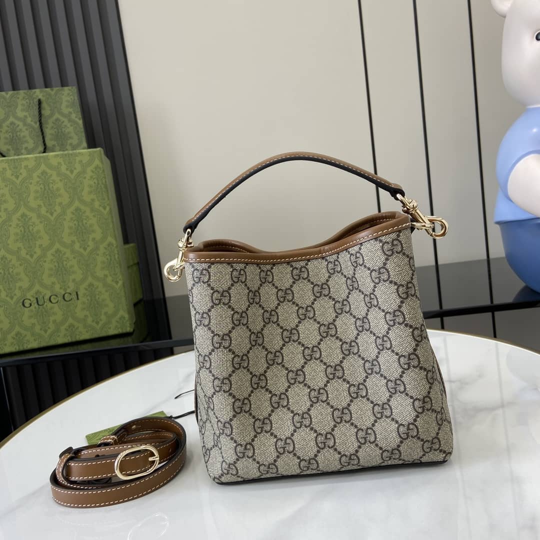 Gucci GG Emblem Small Beige Brown Bucket Bag_2_161837 Gucci GG Emblem Small Beige Brown Bucket Bag