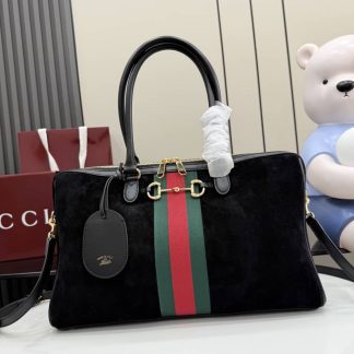 Gucci Borsetto Suede Large Black Boston Bag