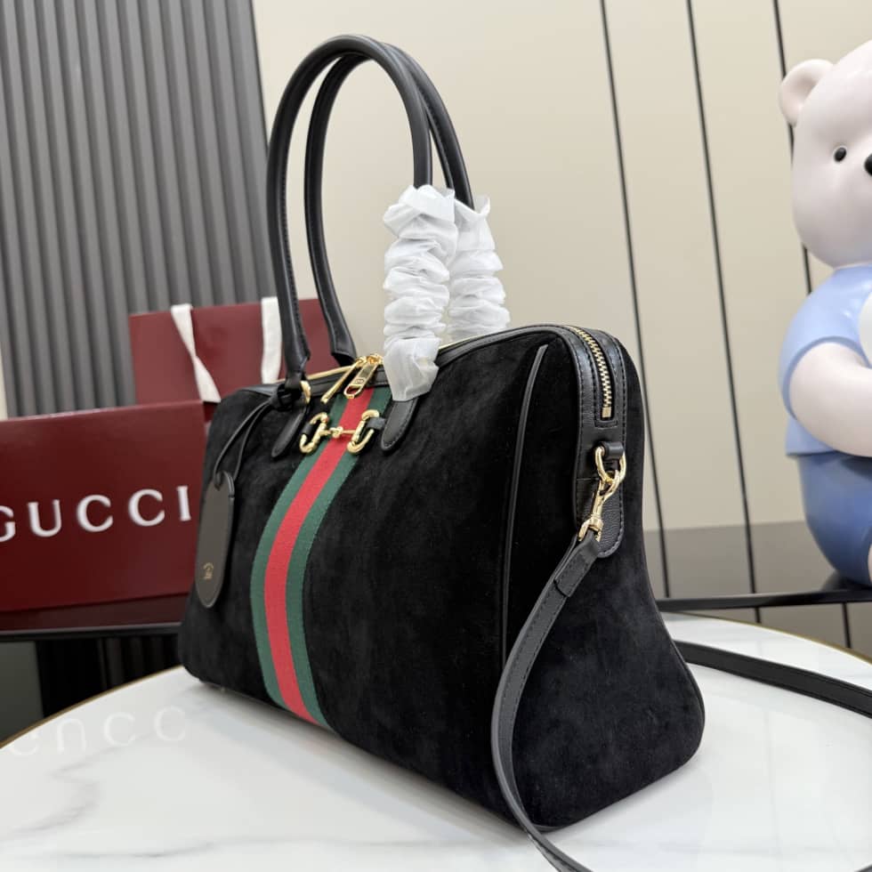 Gucci Borsetto Suede Large Black Boston Bag_2_162457 Gucci Borsetto Suede Large Black Boston Bag