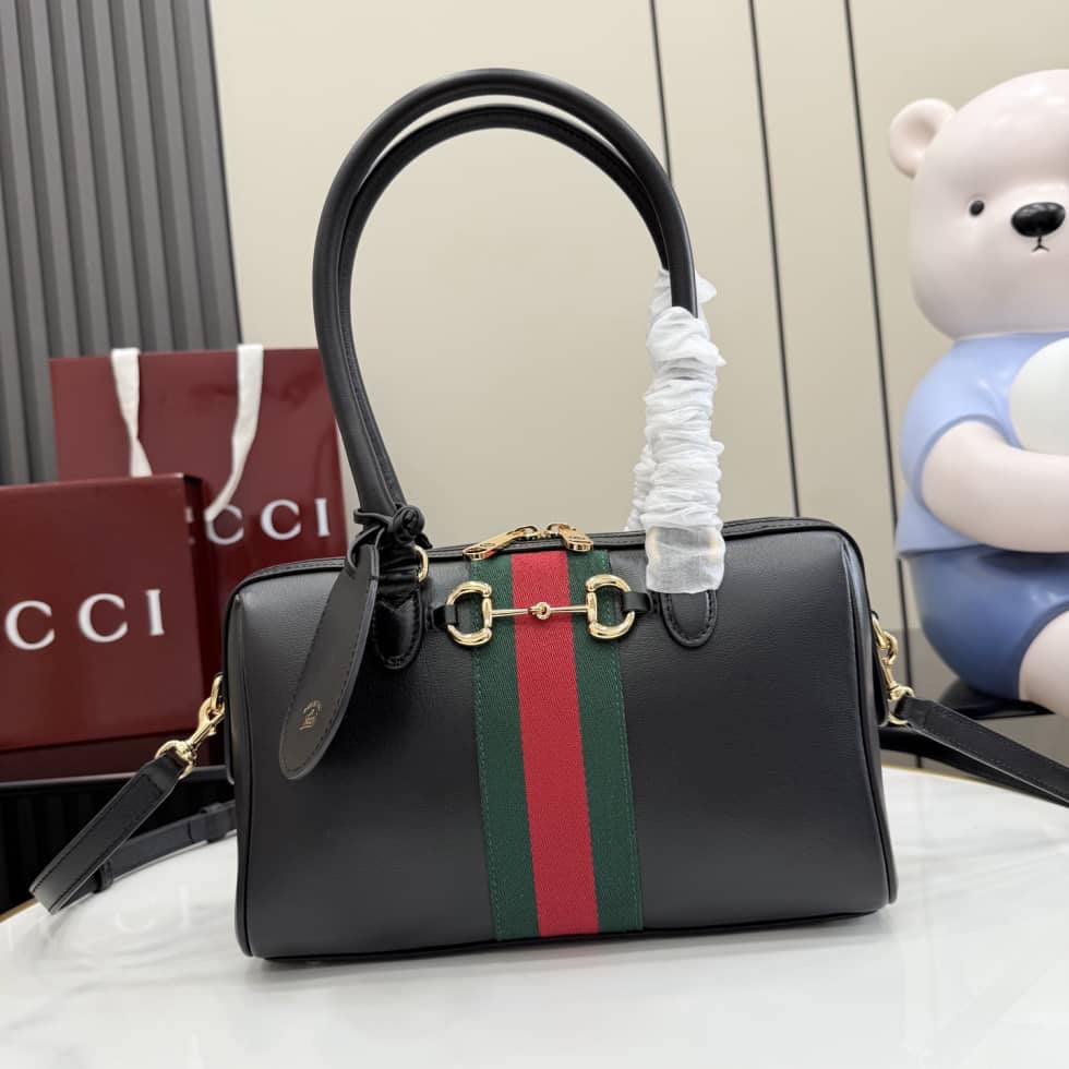 Gucci Borsetto Leather Medium Black Boston Bag_10_162467 Gucci Borsetto Leather Medium Black Boston Bag