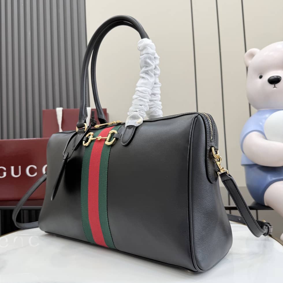 Gucci Borsetto Leather Large Black Boston Bag_2_162477 Gucci Borsetto Leather Large Black Boston Bag