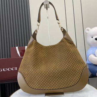 Gucci B GG Suede Embossed Large Brown Hobo Bag