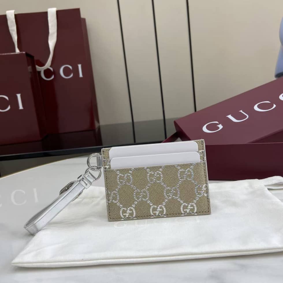 Gucci GG Emblem Beige Silver Card Case 819121_10_163546 Gucci GG Emblem Beige Silver Card Case 819121