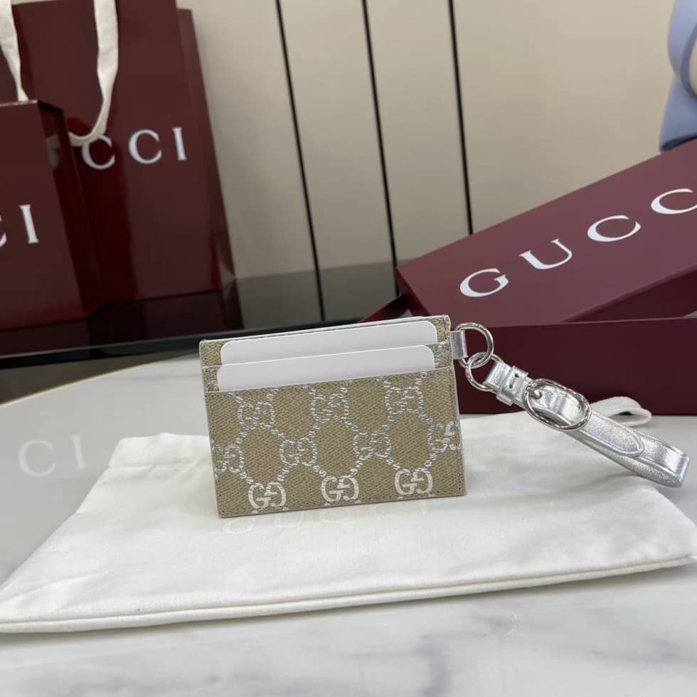 Gucci GG Emblem Beige Silver Card Case 819121_1_163546 Gucci GG Emblem Beige Silver Card Case 819121