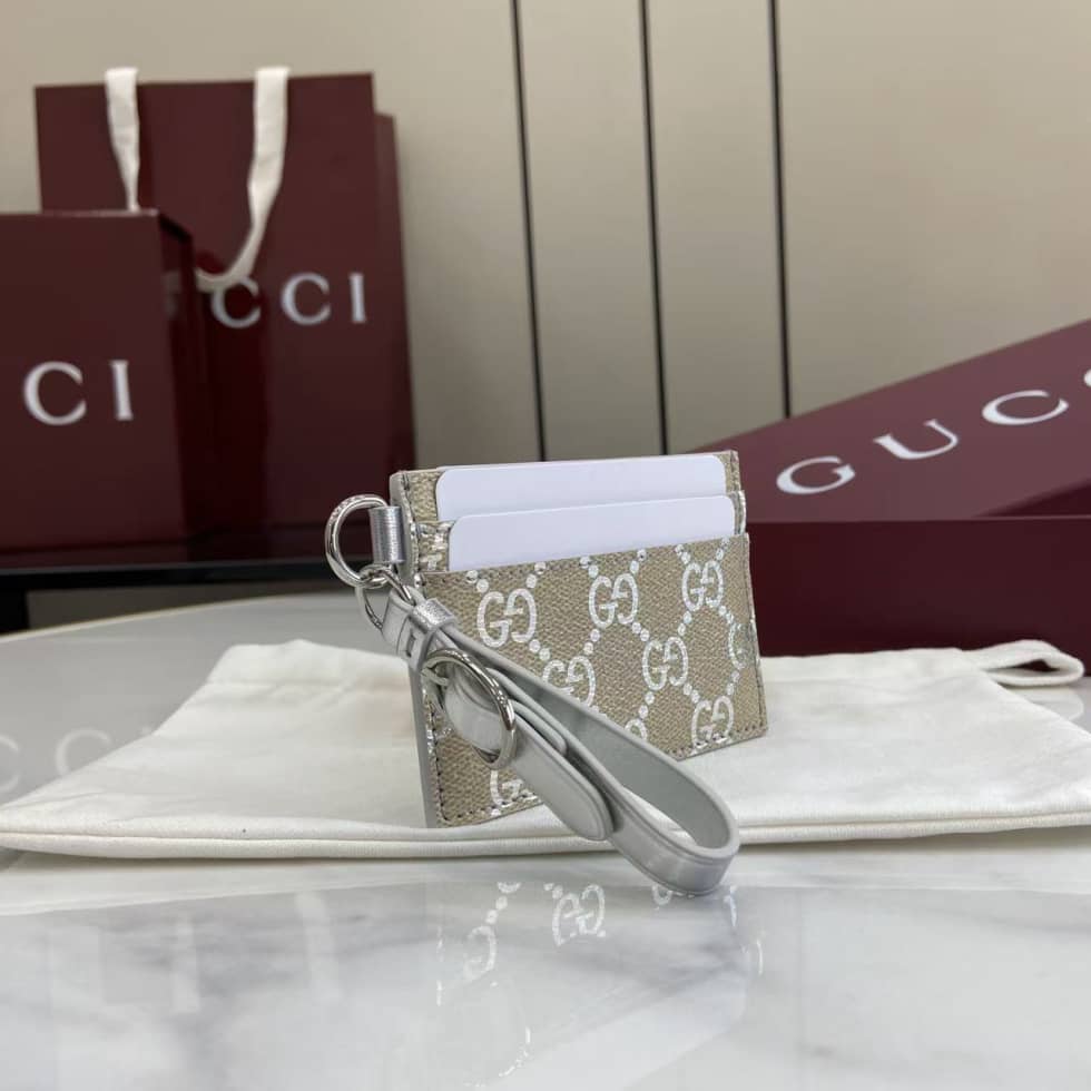 Gucci GG Emblem Beige Silver Card Case 819121_2_163546 Gucci GG Emblem Beige Silver Card Case 819121