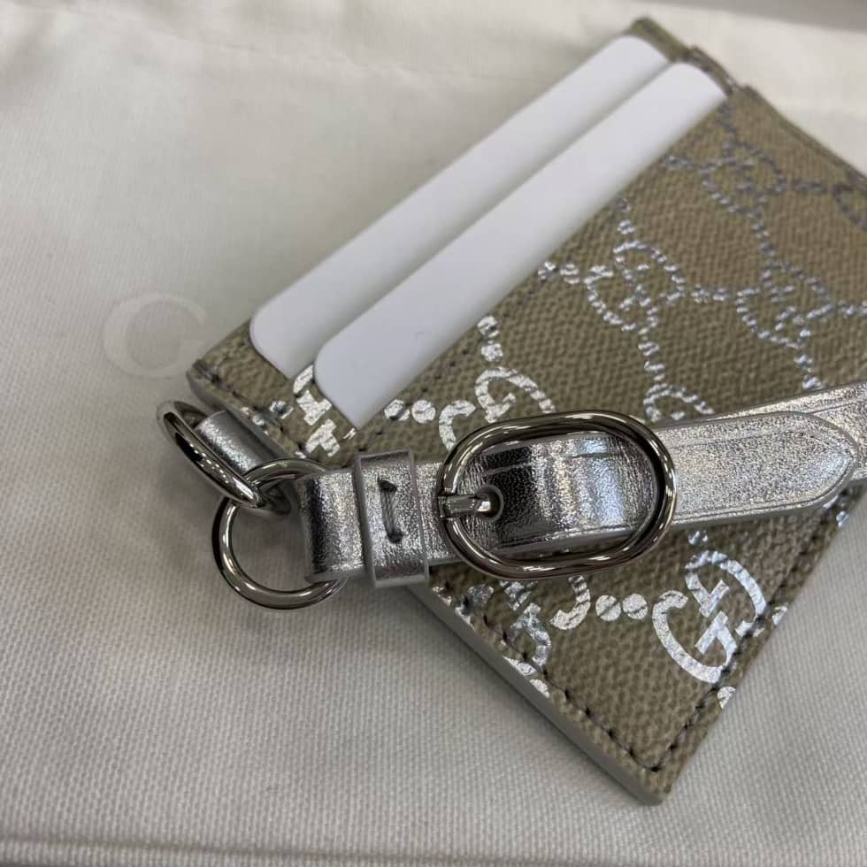 Gucci GG Emblem Beige Silver Card Case 819121_4_163546 Gucci GG Emblem Beige Silver Card Case 819121