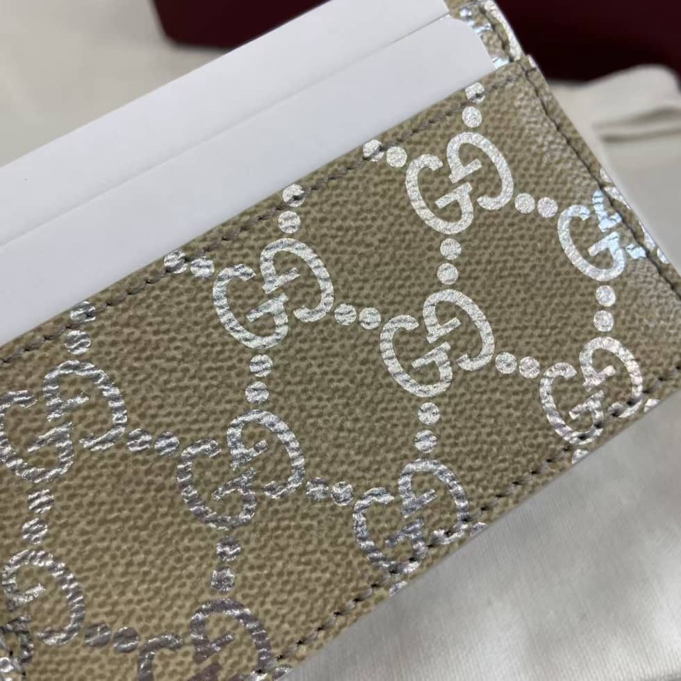 Gucci GG Emblem Beige Silver Card Case 819121_5_163546 Gucci GG Emblem Beige Silver Card Case 819121