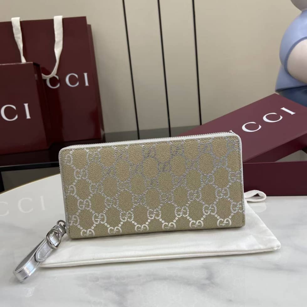 Gucci GG Emblem Beige Silver Zip Around Long Wallet_10_163566 Gucci GG Emblem Beige Silver Zip Around Long Wallet