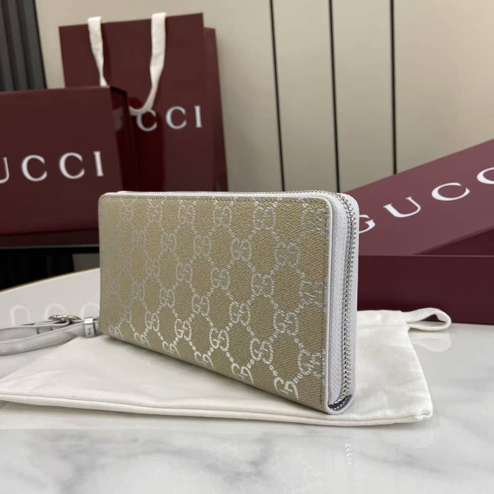 Gucci GG Emblem Beige Silver Zip Around Long Wallet_2_163566 Gucci GG Emblem Beige Silver Zip Around Long Wallet