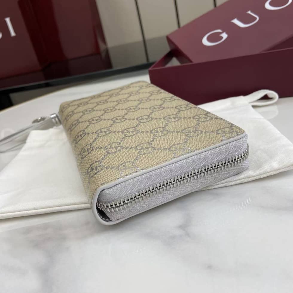 Gucci GG Emblem Beige Silver Zip Around Long Wallet_3_163566 Gucci GG Emblem Beige Silver Zip Around Long Wallet