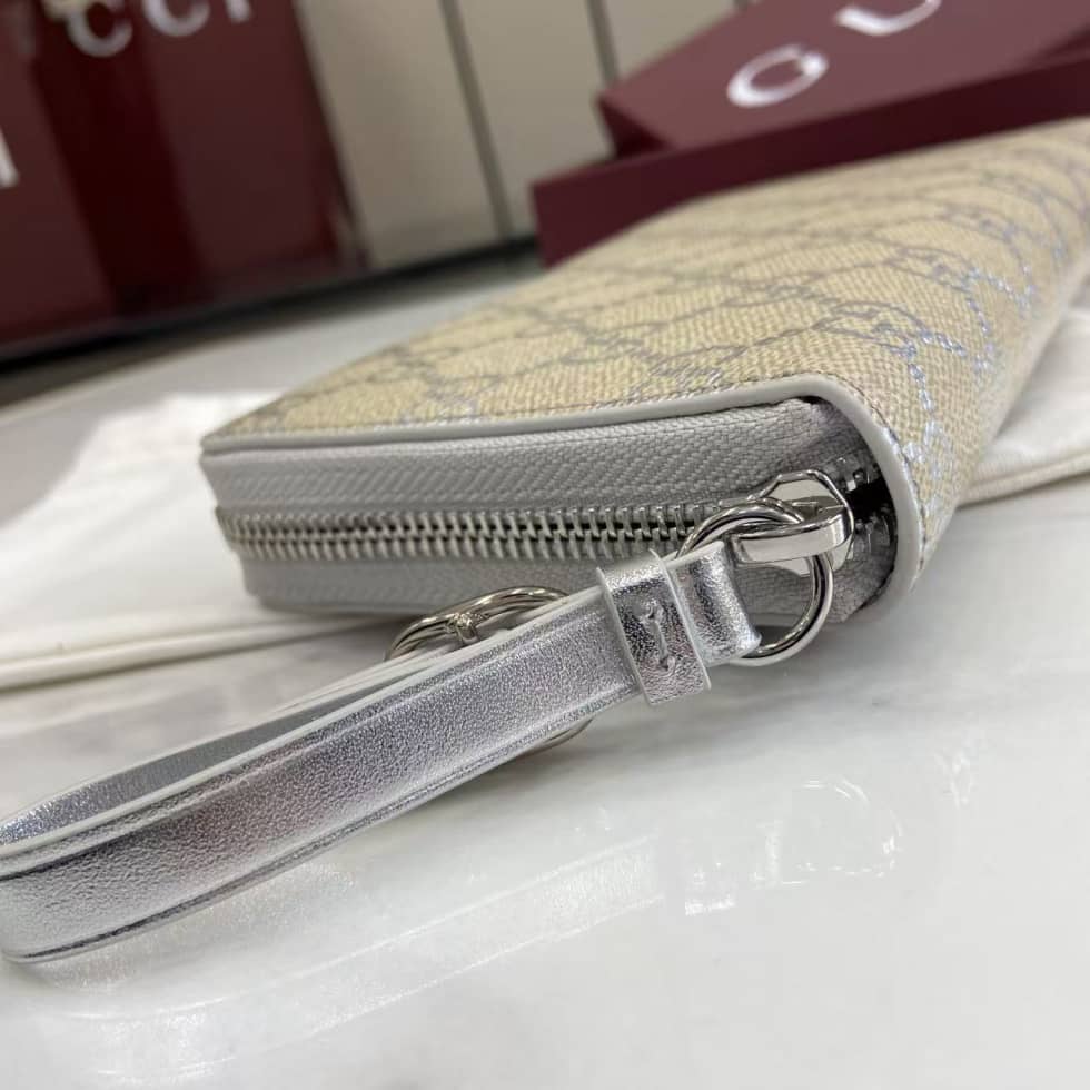 Gucci GG Emblem Beige Silver Zip Around Long Wallet_6_163566 Gucci GG Emblem Beige Silver Zip Around Long Wallet