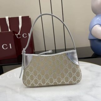 Gucci GG Emblem Small Beige Silver Shoulder Bag