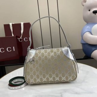 Gucci GG Emblem Small Beige Silver Shoulder Bag