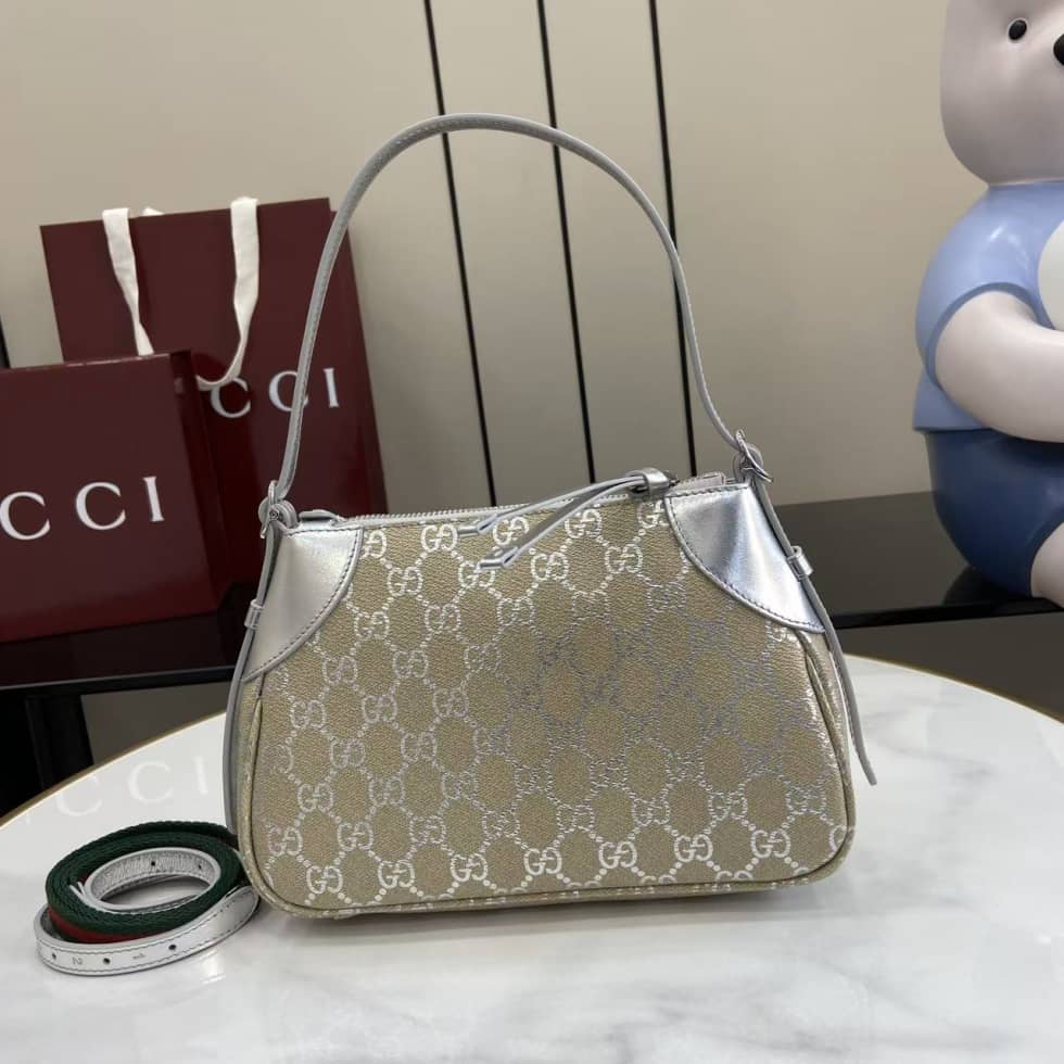 Gucci GG Emblem Small Beige Silver Shoulder Bag_1_163586 Gucci GG Emblem Small Beige Silver Shoulder Bag