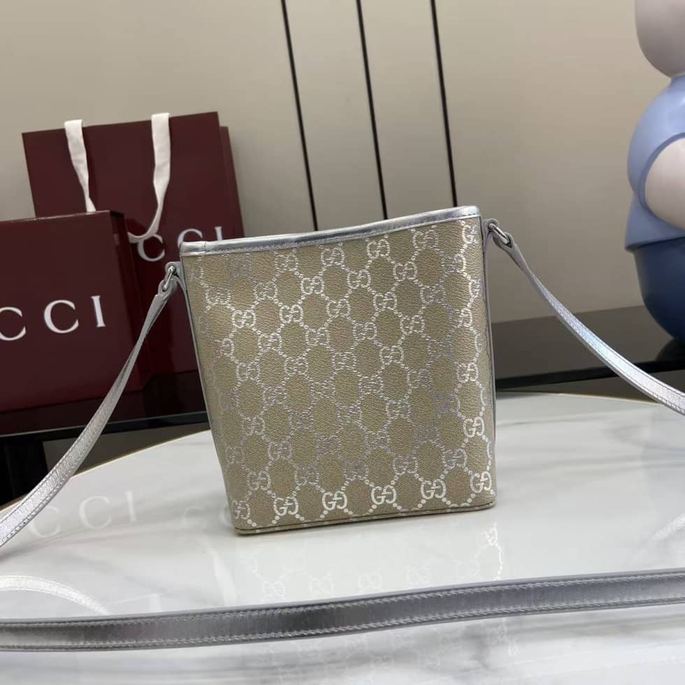Gucci GG Emblem Nano Beige Silver Bucket Bag_1_163596 Gucci GG Emblem Nano Beige Silver Bucket Bag