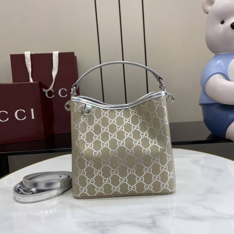 Gucci GG Emblem Small Beige Silver Bucket Bag_10_163606 Gucci GG Emblem Small Beige Silver Bucket Bag