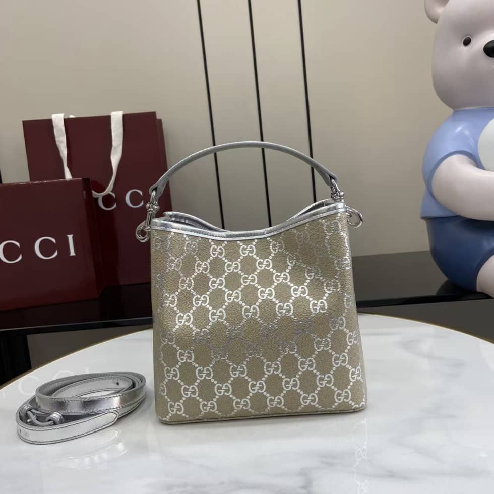 Gucci GG Emblem Small Beige Silver Bucket Bag_1_163606 Gucci GG Emblem Small Beige Silver Bucket Bag