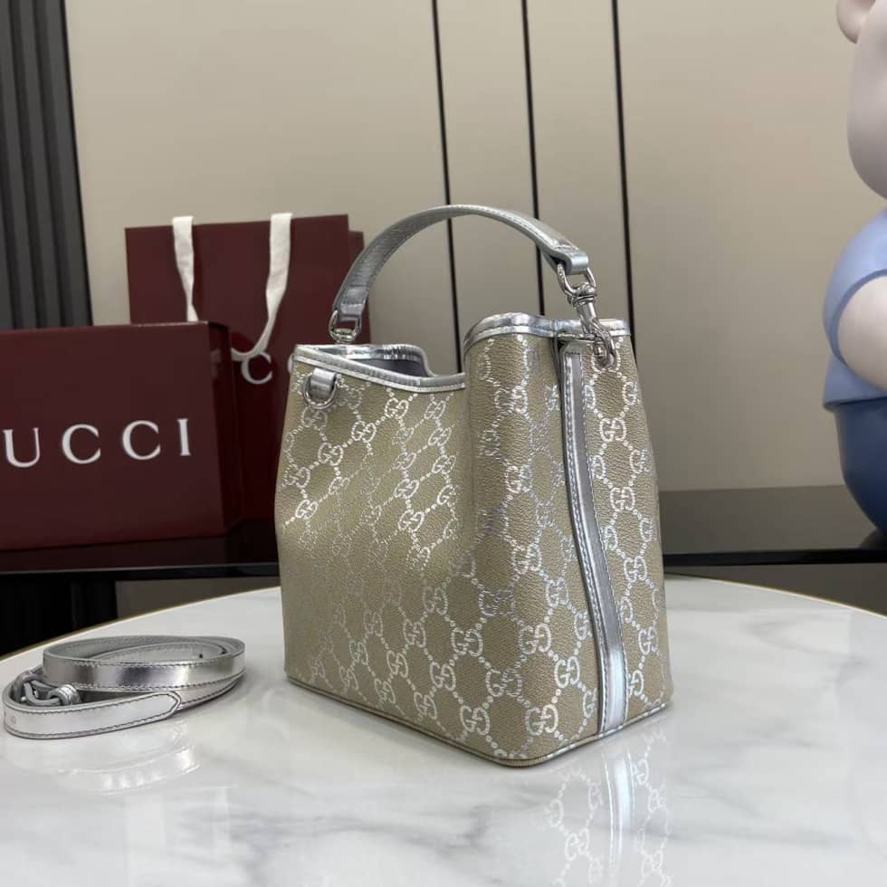 Gucci GG Emblem Small Beige Silver Bucket Bag_2_163606 Gucci GG Emblem Small Beige Silver Bucket Bag