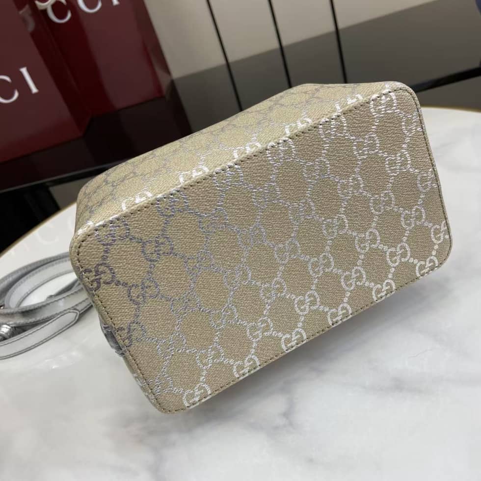 Gucci GG Emblem Small Beige Silver Bucket Bag_3_163606 Gucci GG Emblem Small Beige Silver Bucket Bag
