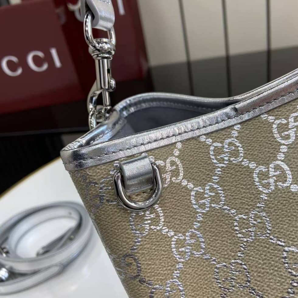 Gucci GG Emblem Small Beige Silver Bucket Bag_4_163606 Gucci GG Emblem Small Beige Silver Bucket Bag
