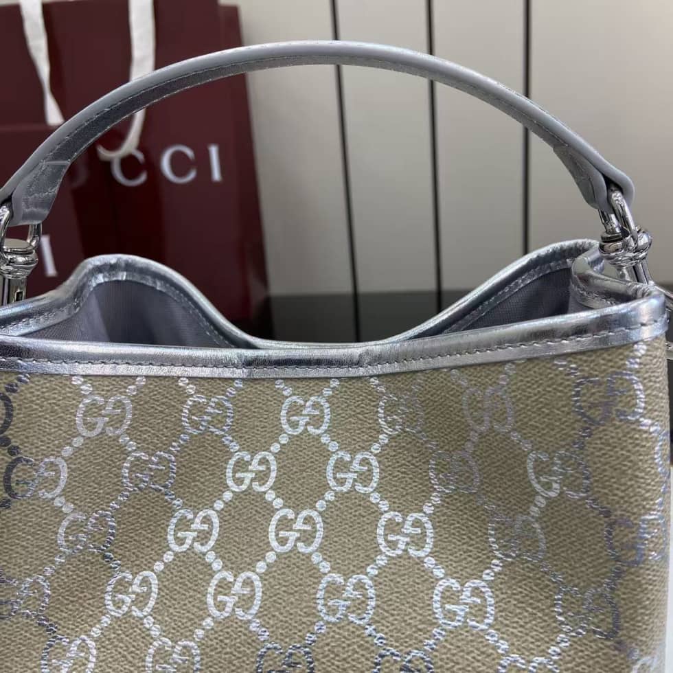 Gucci GG Emblem Small Beige Silver Bucket Bag_5_163606 Gucci GG Emblem Small Beige Silver Bucket Bag