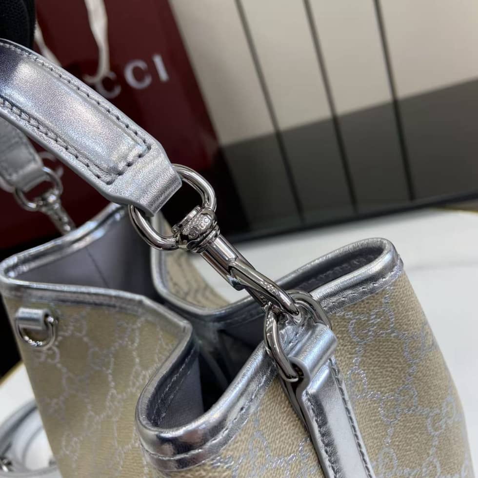 Gucci GG Emblem Small Beige Silver Bucket Bag_6_163606 Gucci GG Emblem Small Beige Silver Bucket Bag