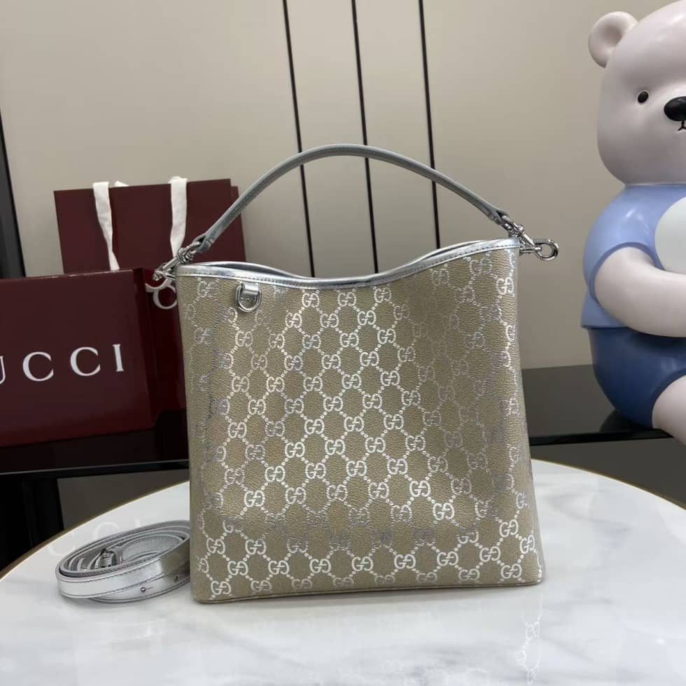 Gucci GG Emblem Medium Beige Silver Bucket Bag_10_163616 Gucci GG Emblem Medium Beige Silver Bucket Bag