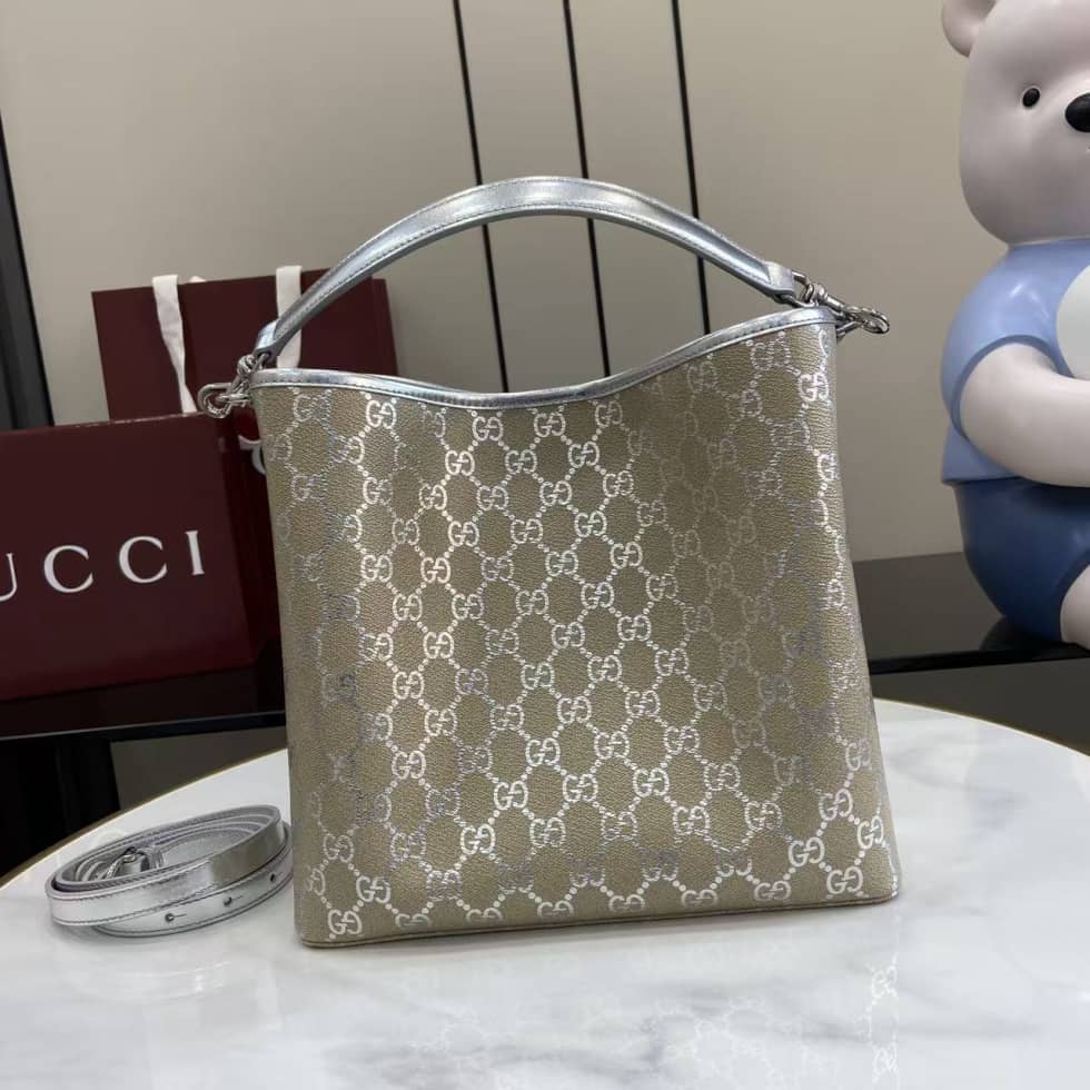 Gucci GG Emblem Medium Beige Silver Bucket Bag_1_163616 Gucci GG Emblem Medium Beige Silver Bucket Bag