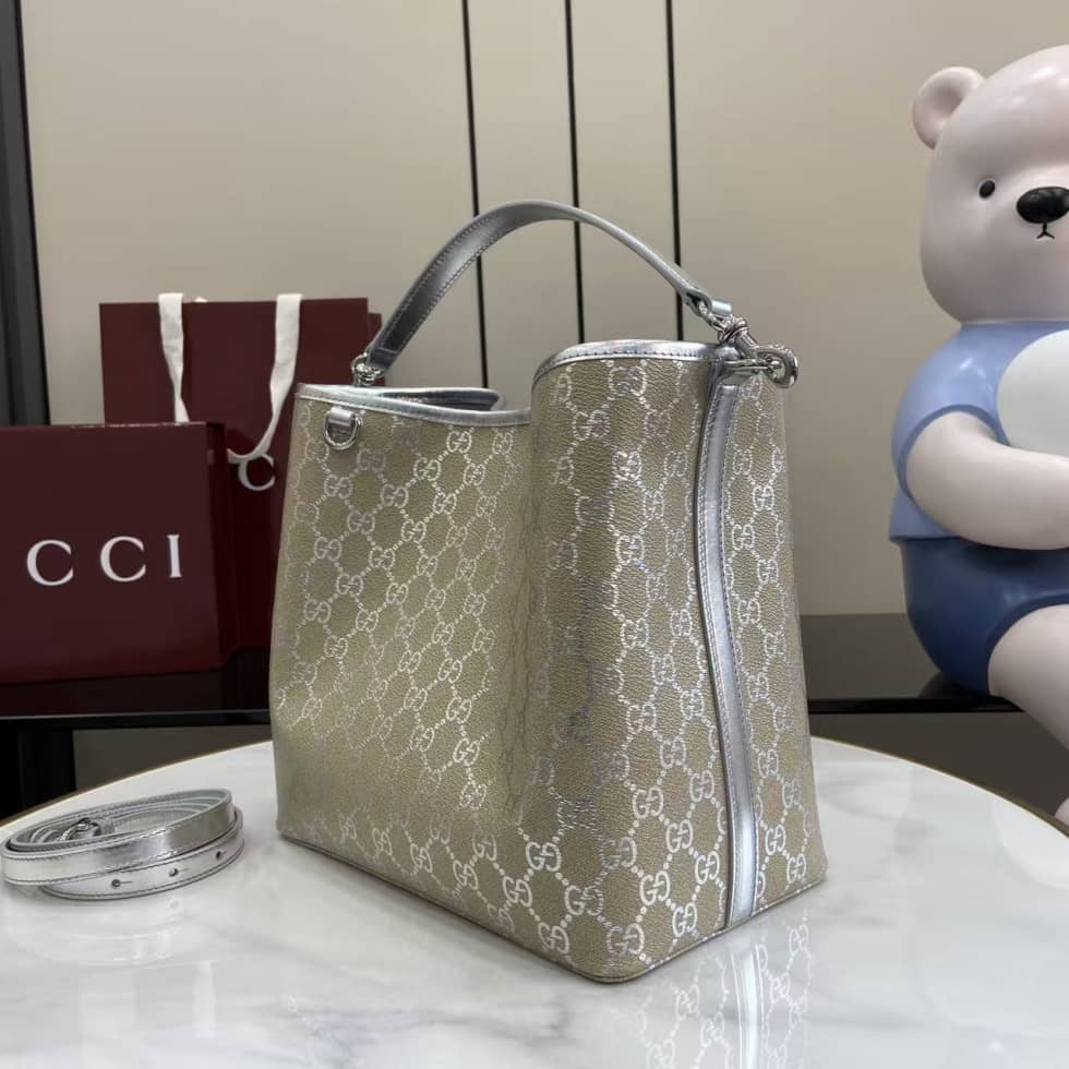Gucci GG Emblem Medium Beige Silver Bucket Bag_2_163616 Gucci GG Emblem Medium Beige Silver Bucket Bag