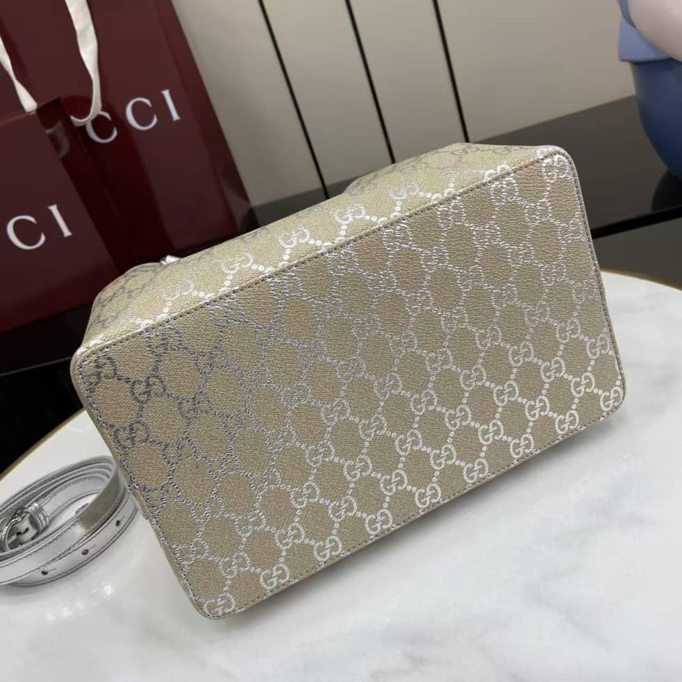 Gucci GG Emblem Medium Beige Silver Bucket Bag_3_163616 Gucci GG Emblem Medium Beige Silver Bucket Bag
