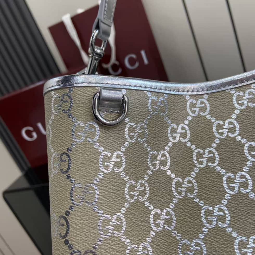 Gucci GG Emblem Medium Beige Silver Bucket Bag_4_163616 Gucci GG Emblem Medium Beige Silver Bucket Bag