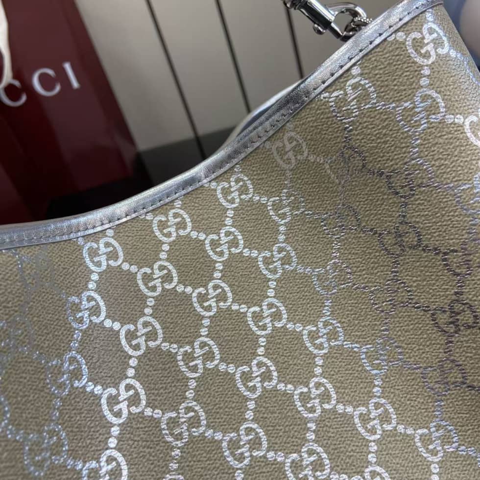 Gucci GG Emblem Medium Beige Silver Bucket Bag_5_163616 Gucci GG Emblem Medium Beige Silver Bucket Bag