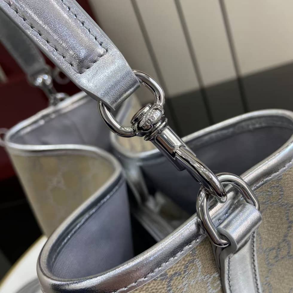 Gucci GG Emblem Medium Beige Silver Bucket Bag_6_163616 Gucci GG Emblem Medium Beige Silver Bucket Bag