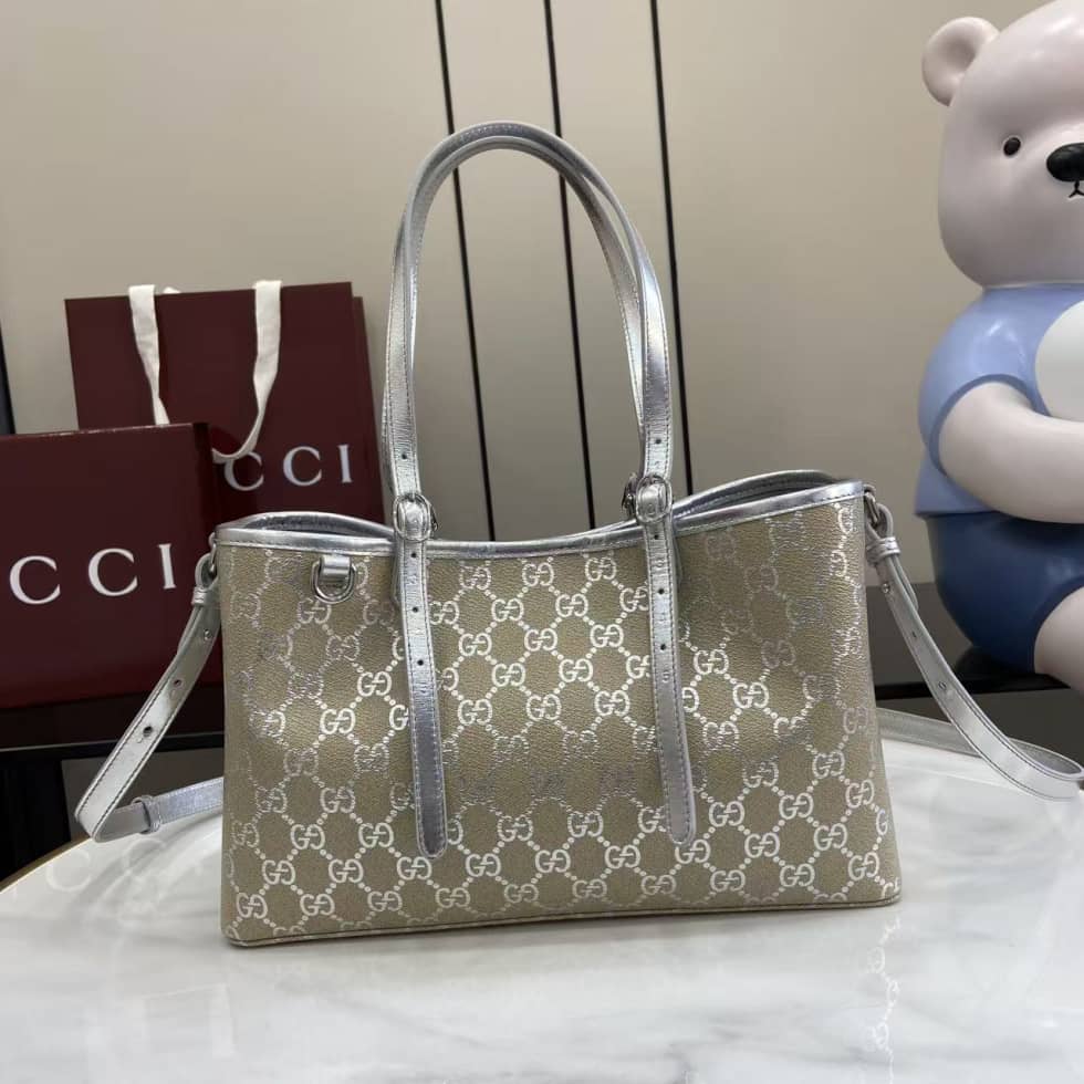 Gucci GG Emblem Medium Beige Silver Tote Bag_10_163626 Gucci GG Emblem Medium Beige Silver Tote Bag