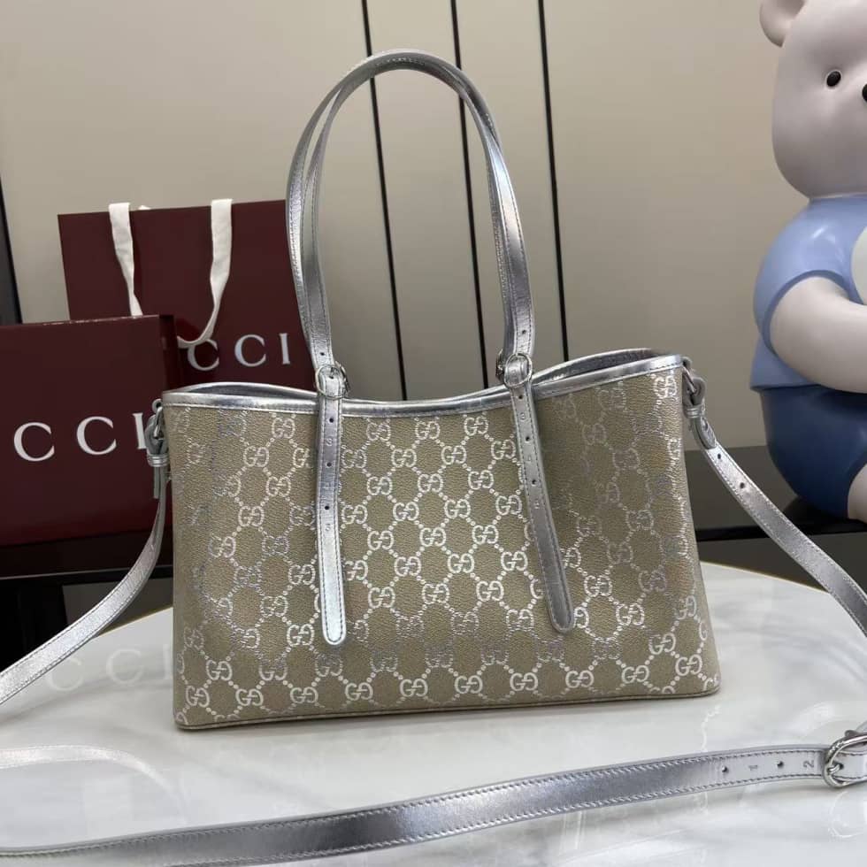 Gucci GG Emblem Medium Beige Silver Tote Bag_1_163626 Gucci GG Emblem Medium Beige Silver Tote Bag