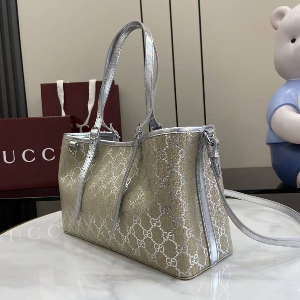 Gucci GG Emblem Medium Beige Silver Tote Bag_2_163626 Gucci GG Emblem Medium Beige Silver Tote Bag