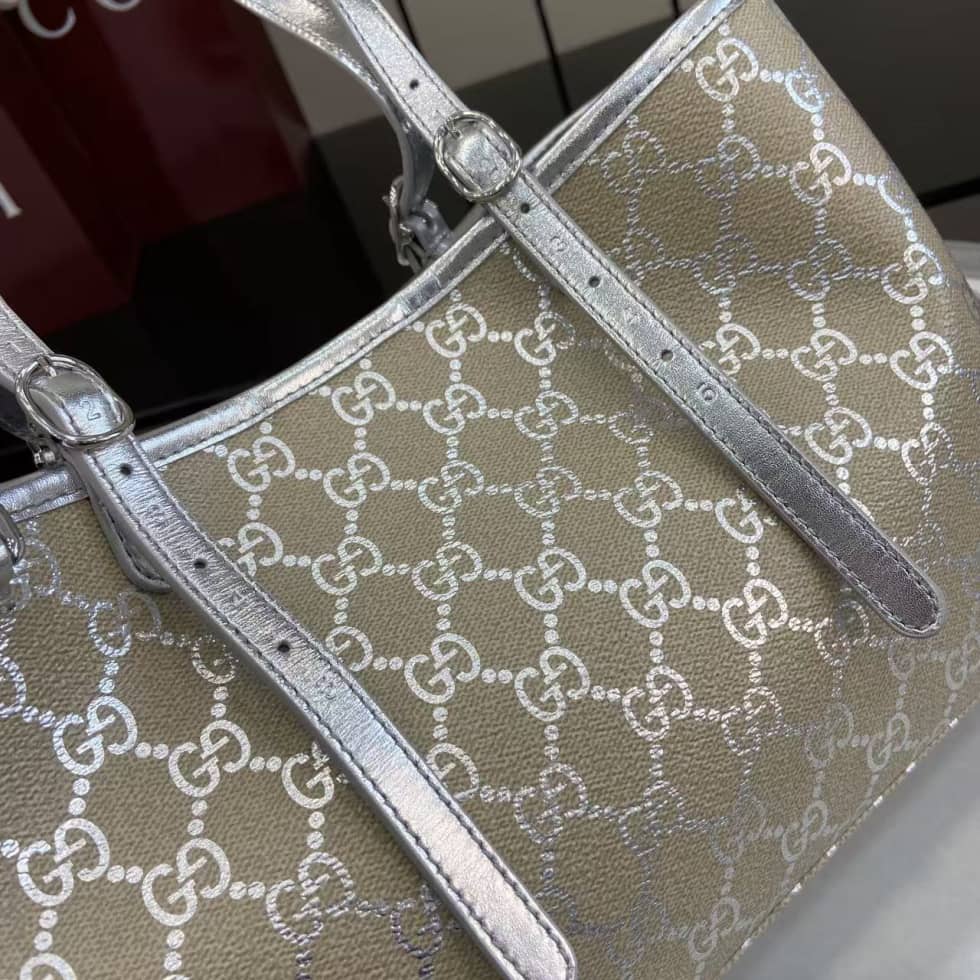 Gucci GG Emblem Medium Beige Silver Tote Bag_5_163626 Gucci GG Emblem Medium Beige Silver Tote Bag