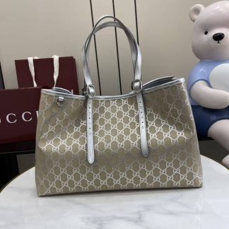 Gucci GG Emblem Large Beige Silver Tote Bag