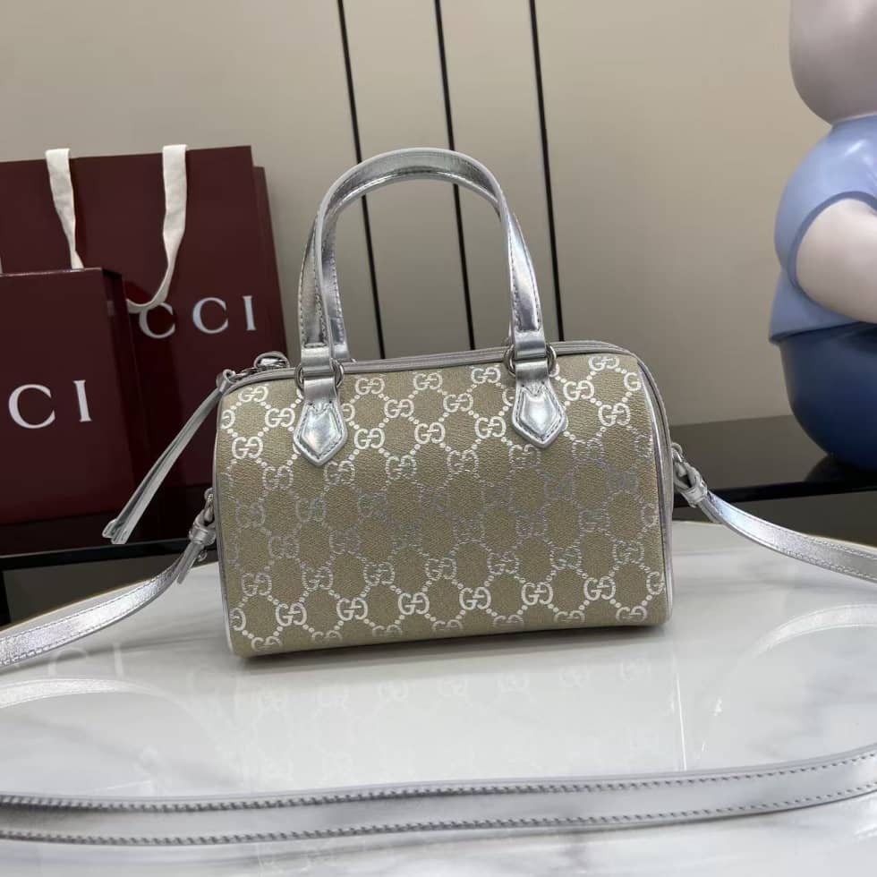 Gucci GG Emblem Small Beige Silver Boston Bag_1_163646 Gucci GG Emblem Small Beige Silver Boston Bag