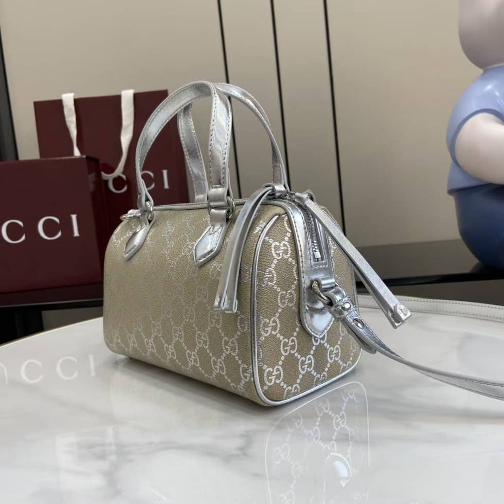 Gucci GG Emblem Small Beige Silver Boston Bag_2_163646 Gucci GG Emblem Small Beige Silver Boston Bag