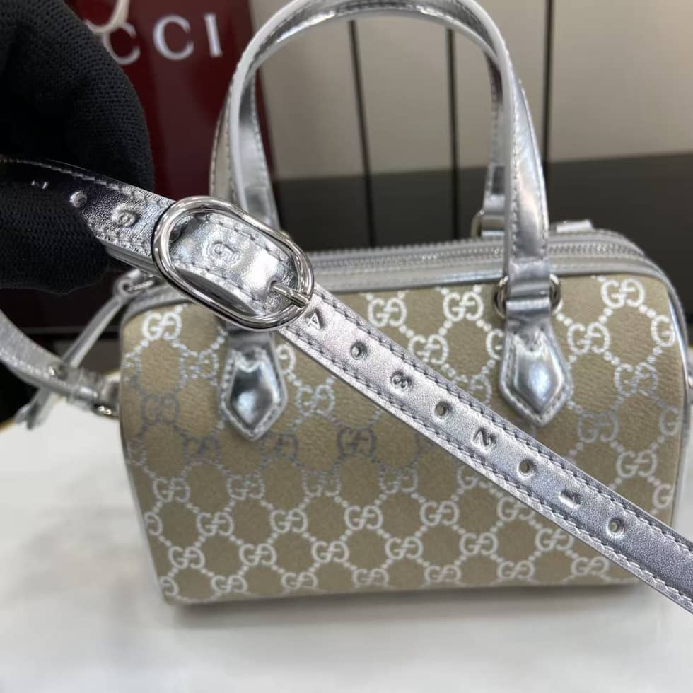 Gucci GG Emblem Small Beige Silver Boston Bag_3_163646 Gucci GG Emblem Small Beige Silver Boston Bag