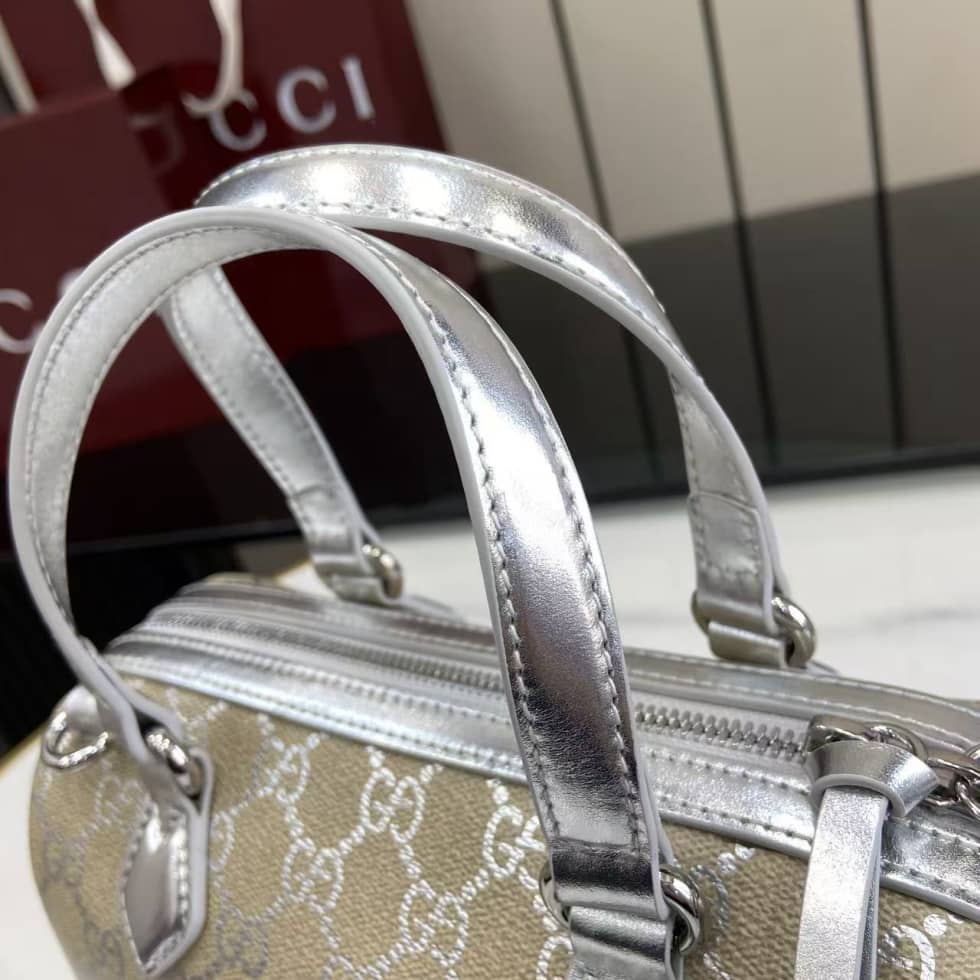 Gucci GG Emblem Small Beige Silver Boston Bag_4_163646 Gucci GG Emblem Small Beige Silver Boston Bag