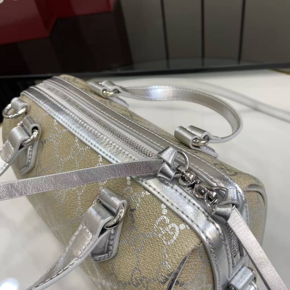 Gucci GG Emblem Small Beige Silver Boston Bag_5_163646 Gucci GG Emblem Small Beige Silver Boston Bag