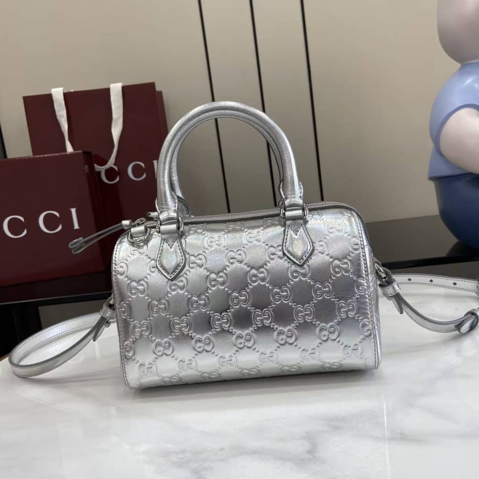 Gucci GG Emblem Small Silver Boston Bag 848889_10_163656 Gucci GG Emblem Small Silver Boston Bag 848889